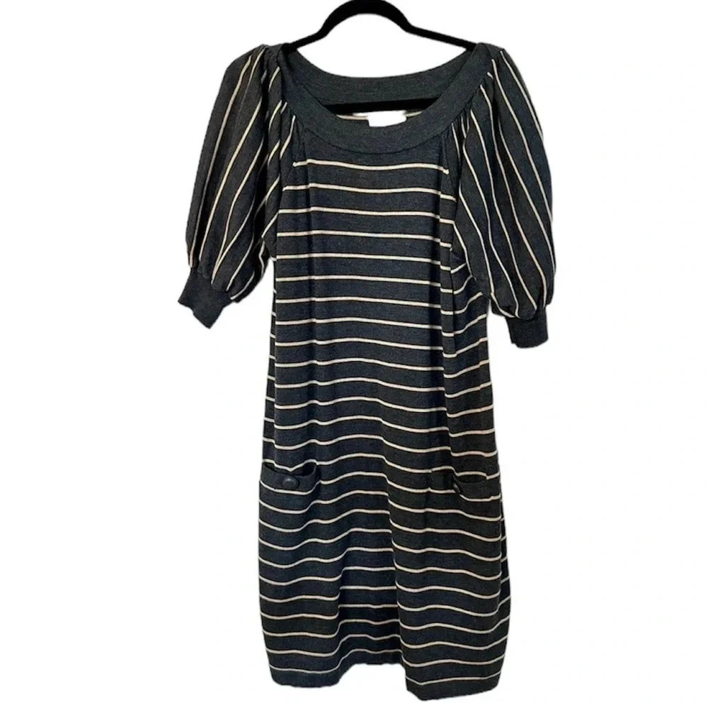 dressbarn Black and Cream Striped Asymmetrical Dress